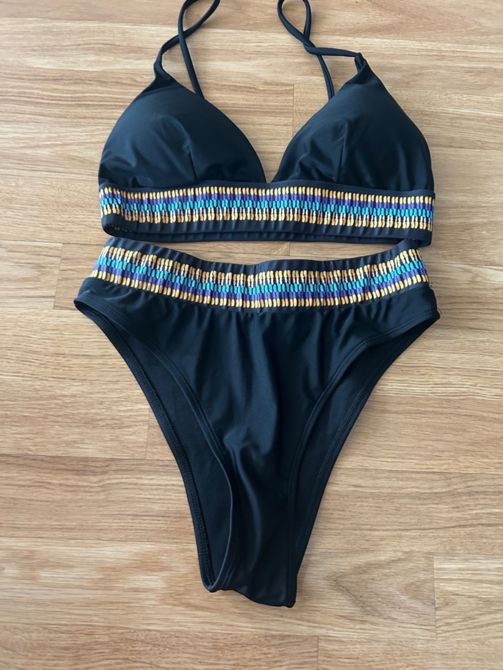 Black multicolor Trim High-Waist Bikini Set